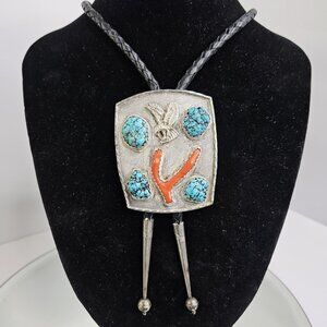 Navajo Sterling Silver Turquoise Coral BOLO Tie With Eagle Unique Etched Design